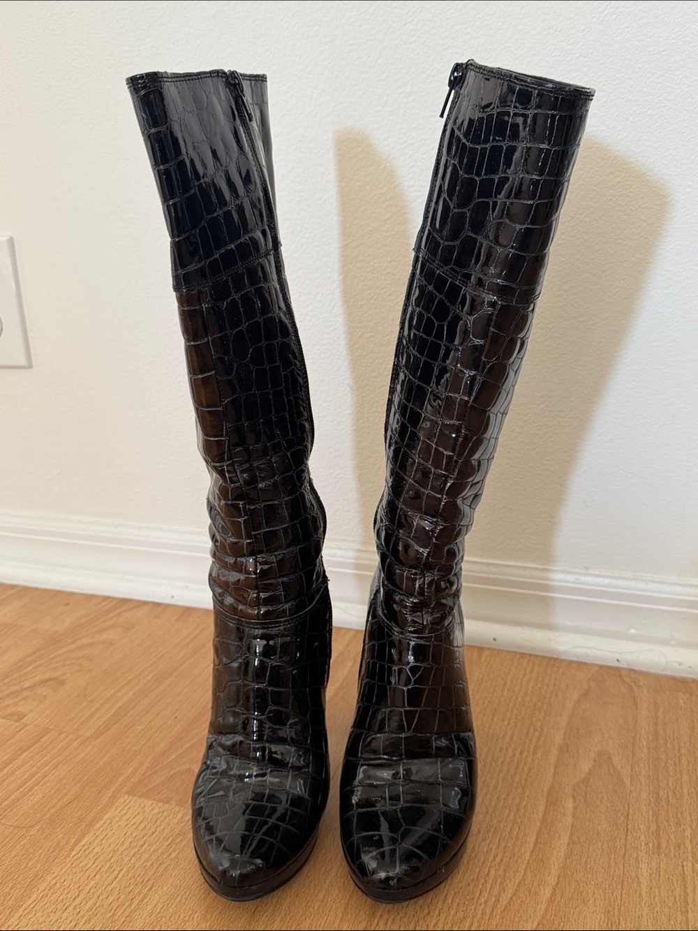 Italian Black Croc-Embossed Knee-High Women's Boots